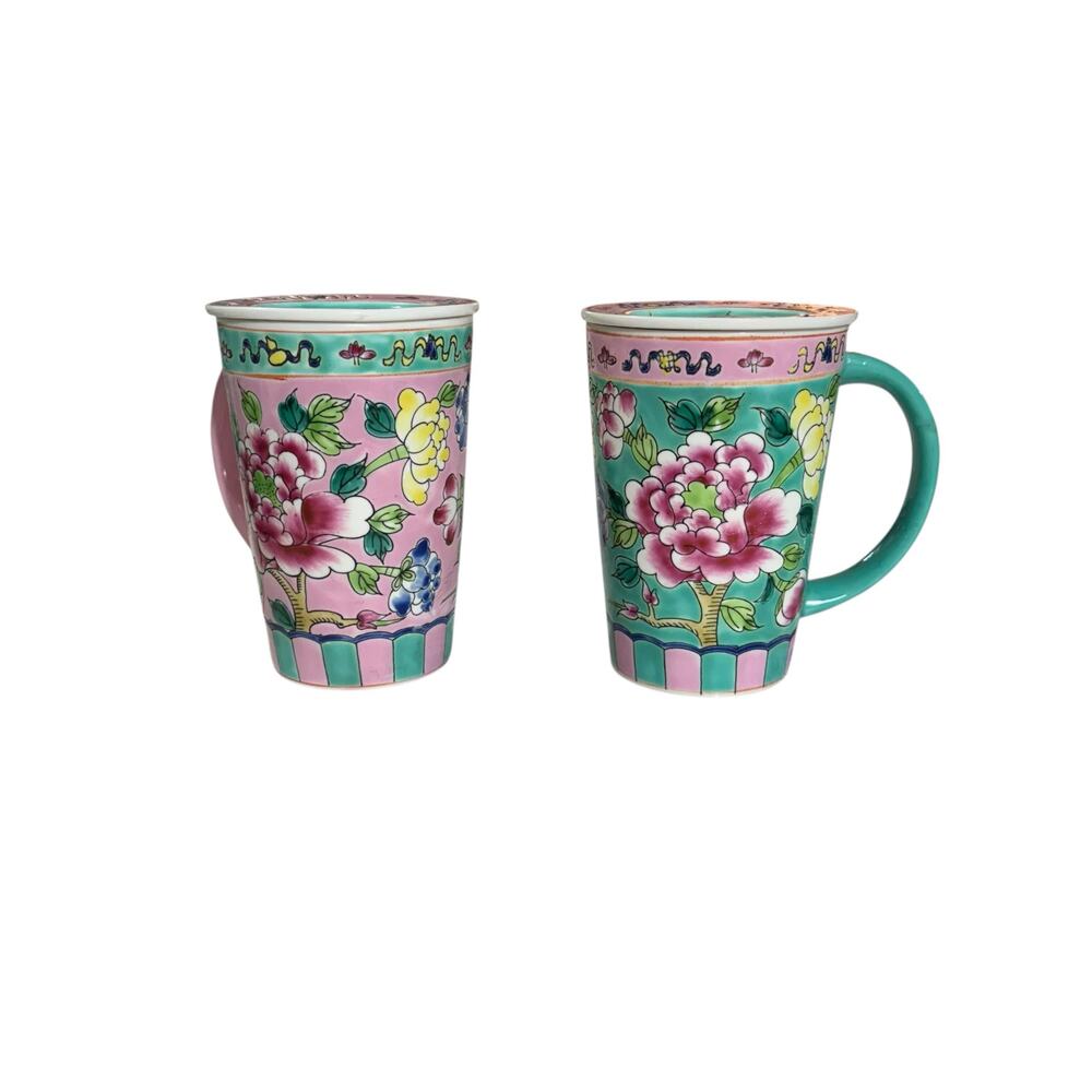 Pair of hand painted Peranakan Nyonya ceramic flower peonies mugs